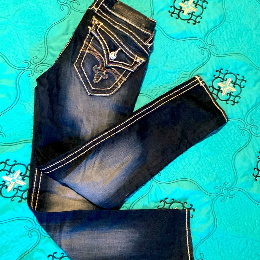 Rock Revival blue with white stitching jeans